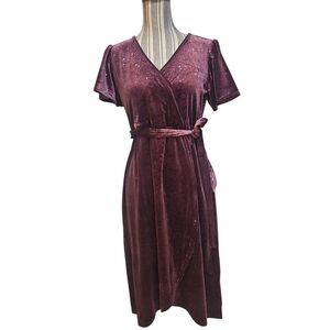 Badgley Mischka Burgundy Glitter Velvet Wrap Around Fit & Flare Dress PS/PXL